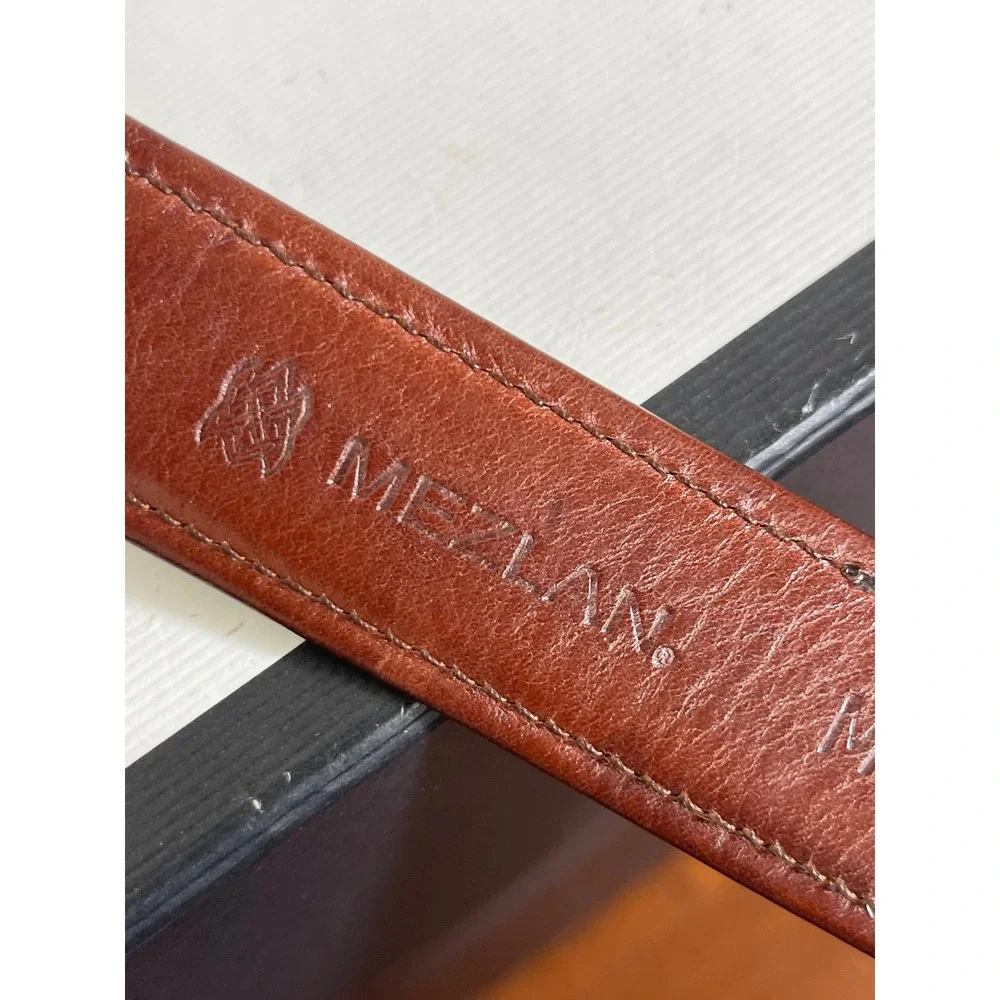 Mezlan Brown Ribbed Leather‎ Dress Belt Silver Buckle Men's 42 Made In Spain
